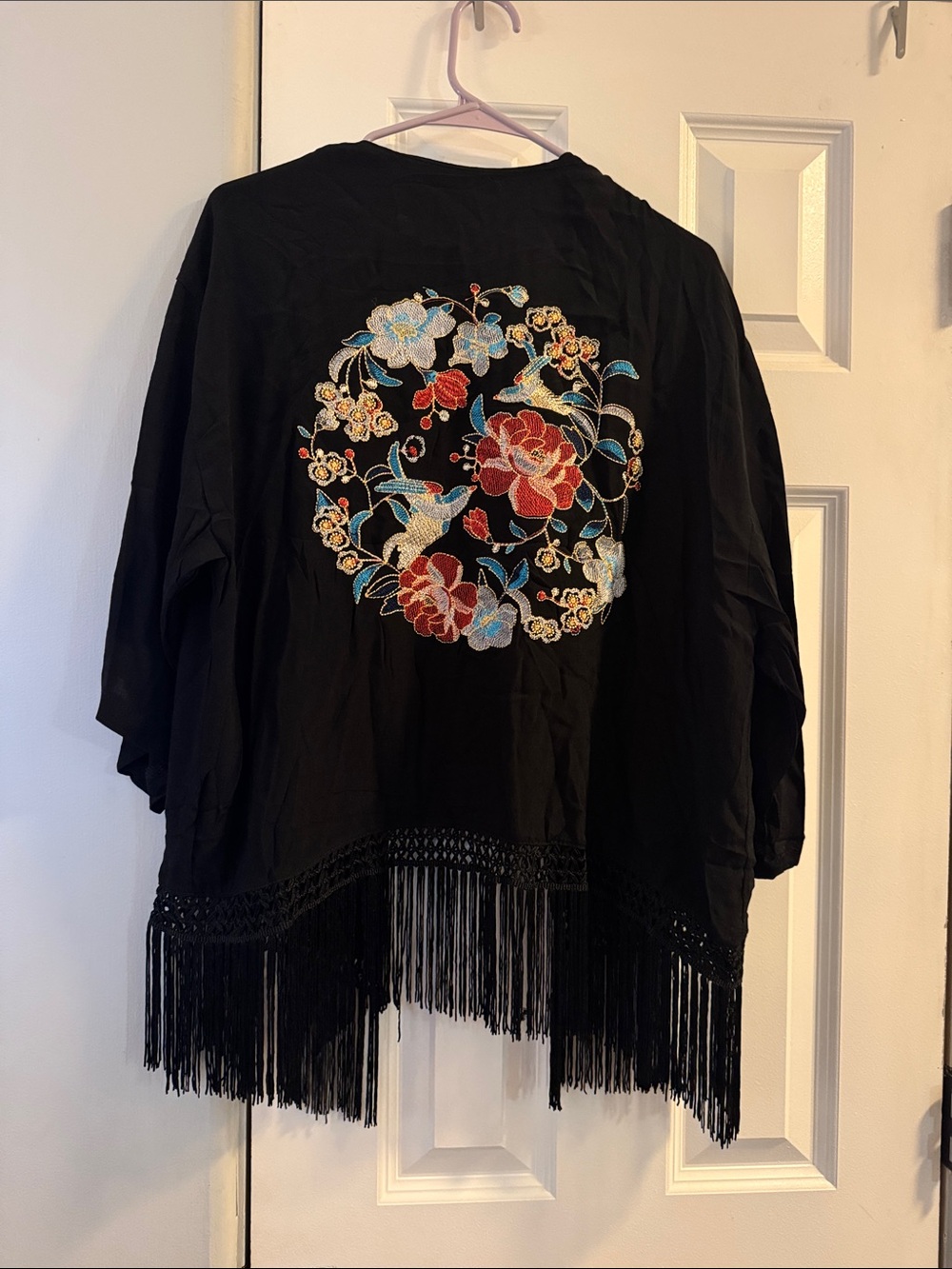 Black Embroidered Floral Fringe Kimono Tunic
